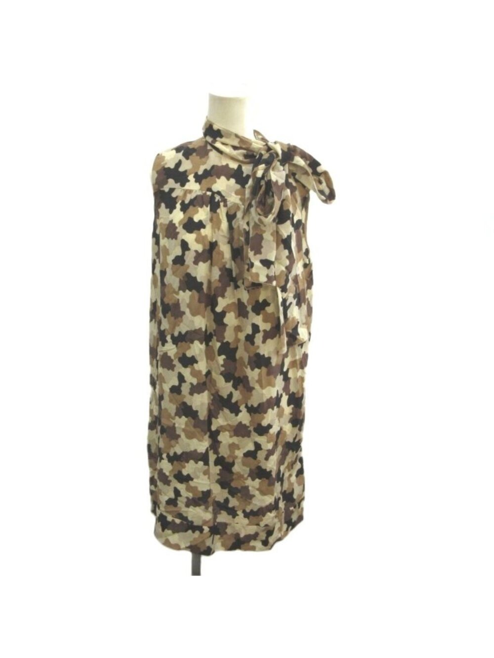 Prada Sleeveless Dress Silk Bow Tie Camouflage Pattern Beige Brown All Over 38